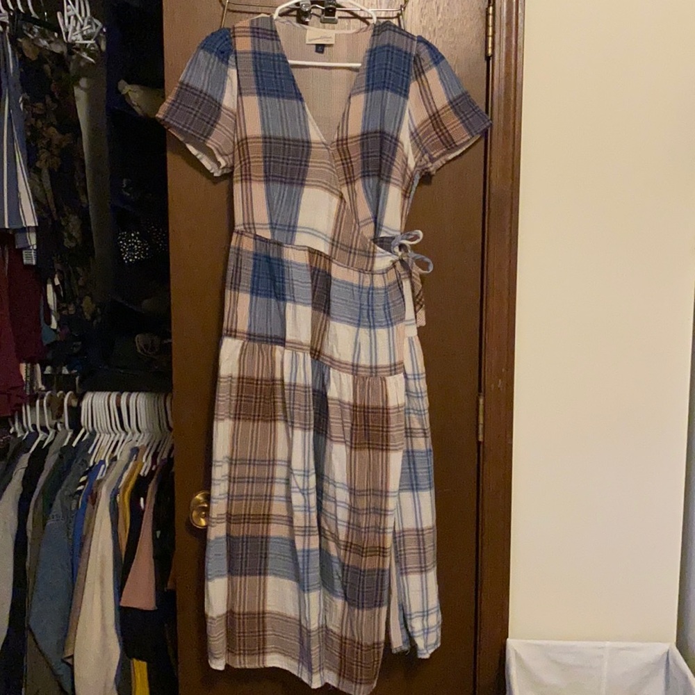 Blue and pink plaid wrap dress
